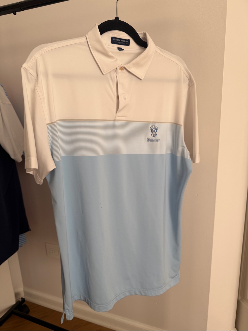 Peter Millar Men’s Ivory and Light Blue Stripe Polo Shirt Small Tag Men’s Medium